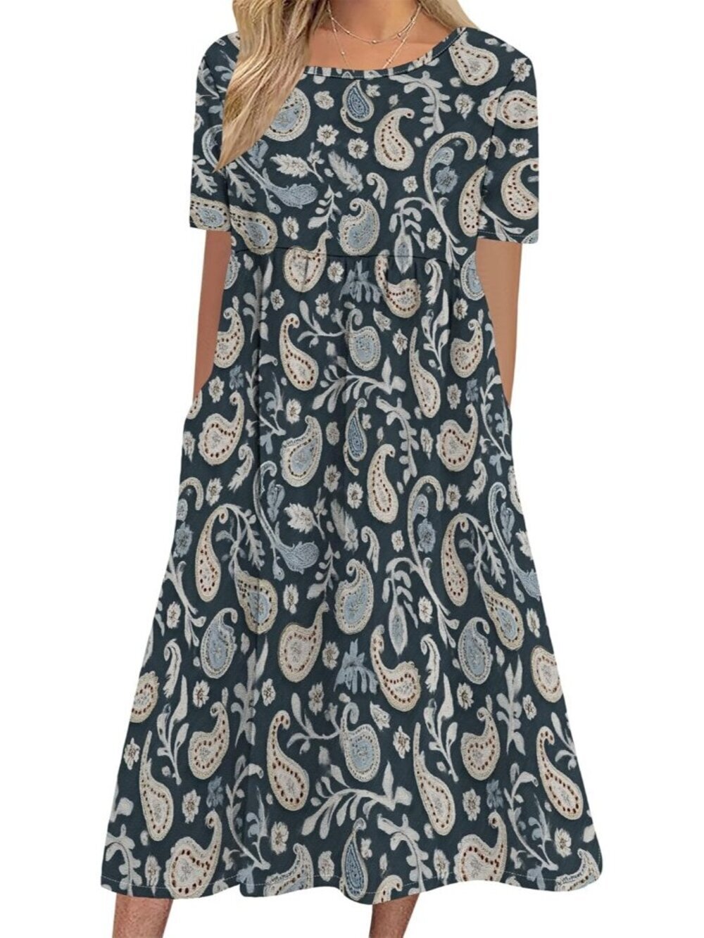 Women's Dark Blue Leaves Sleeve Crewneck Floral Print Casual Mode Maxi  Dress